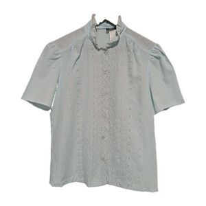 Eyelet Button Front Blouse Ruffle Collar M Vintage 80s B40 Secretary  Pastel